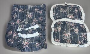 Vtg Cottagecore Blue Floral Curtain Panels, Tie Backs & Pillow Shams Shabby Chic